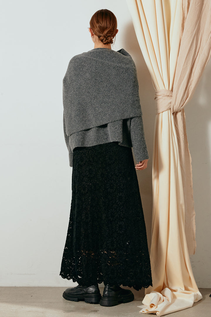 [SET]ケープデザインリブニットトップス+花柄刺繍ベロアフレアスカート(2set)