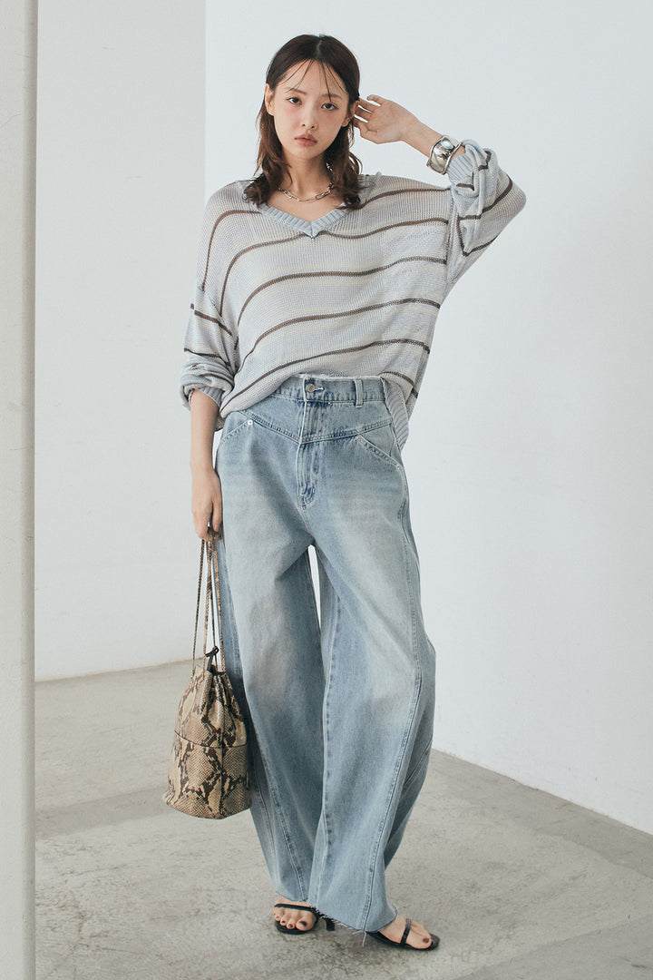 [SET]綿タッチVネックボーダートップス+デニムヨークパンツ(2set)