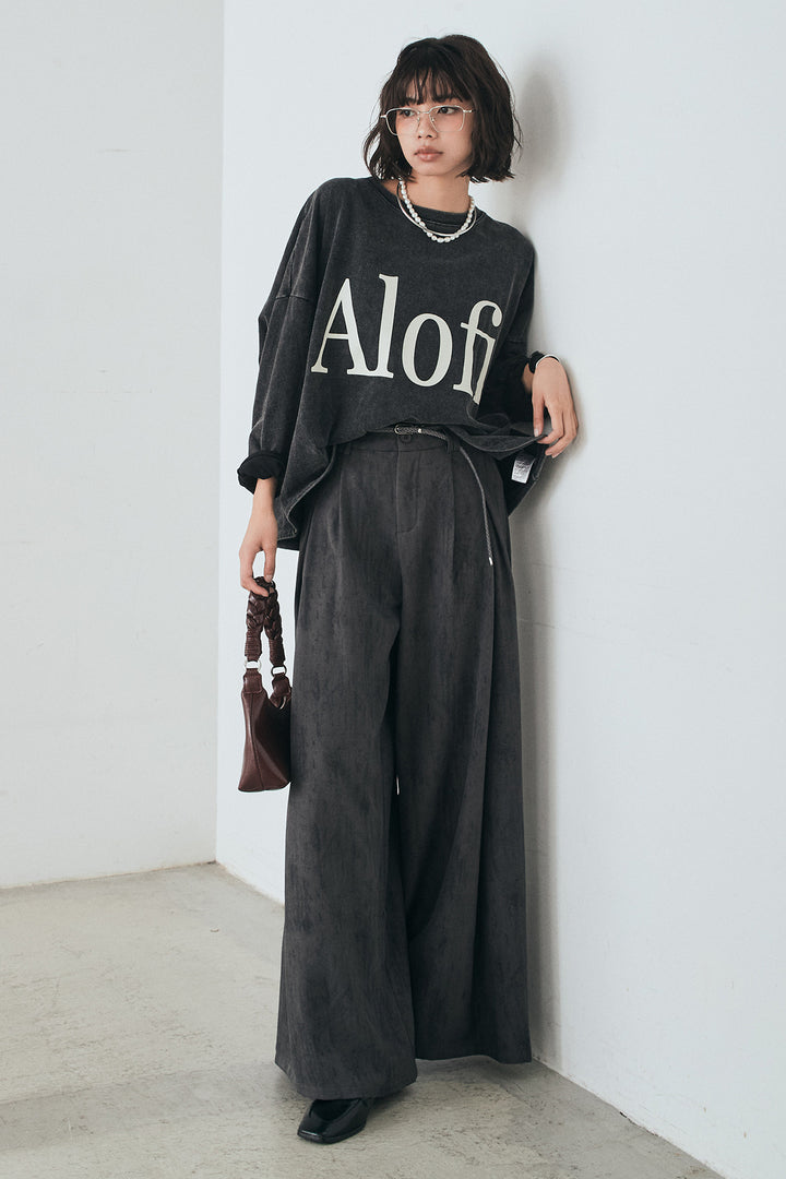 [SET]裾センタードロストロゴプリントワイドTシャツ+紐ベルト付きかすれ柄ワイドスラックス(2set)