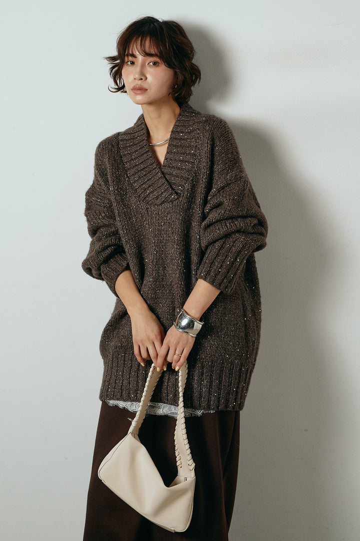 [SET]Vネックラメニットトップス+レース切り替えキャミソール(2set)