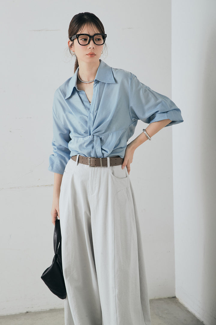[SET]裾巻きツイストデザインシャツ+ベルト付きサイドタックワイドパンツ(2set)