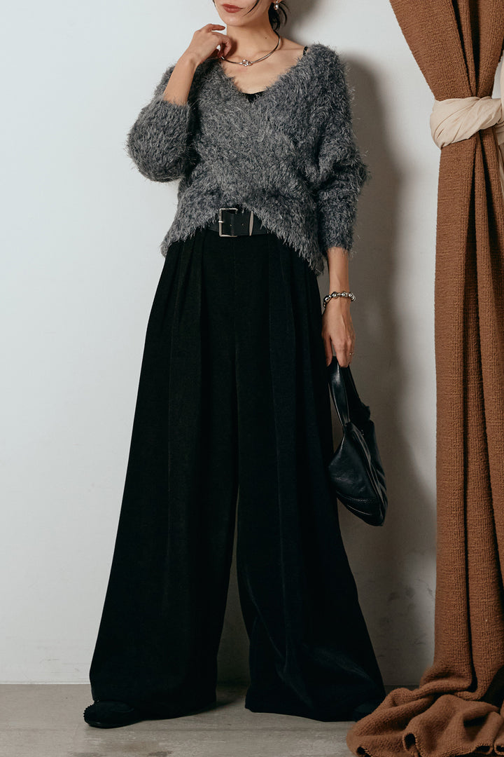 [SET]シャギークロスニットトップス+ベルトループコーデュロイワイドパンツ(2set)