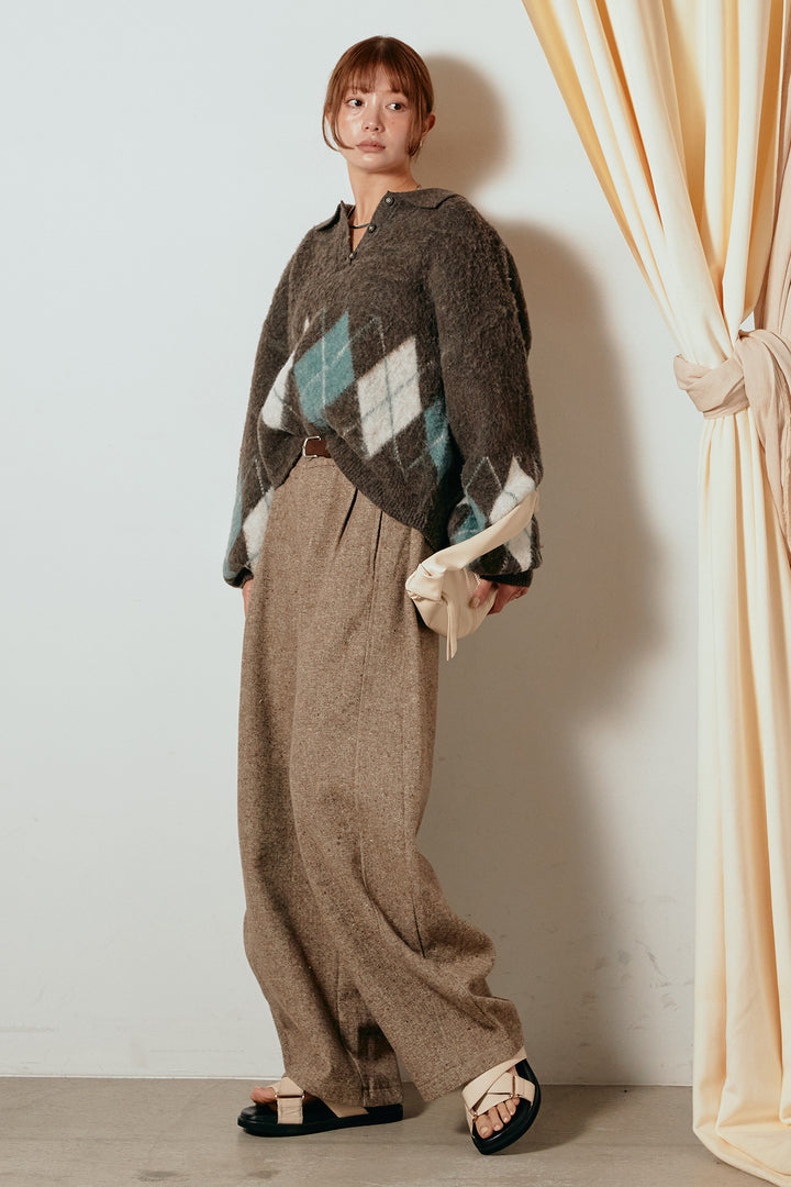 [SET]アーガイル柄ポロニットトップス+ベルト付きネップツイードカーブパンツ(2set)