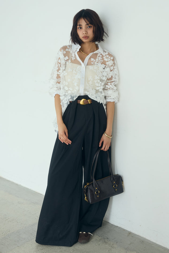 [SET]立体フラワー刺繍レースシャツ+ベルトループデザインハイウエストタックパンツ(2set)
