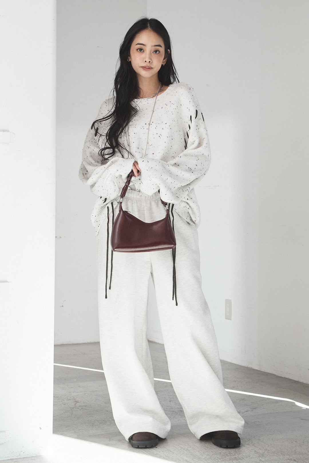 [SET]ネップ編み上げニットトップス+裏起毛スウェットワイドパンツ(2set)