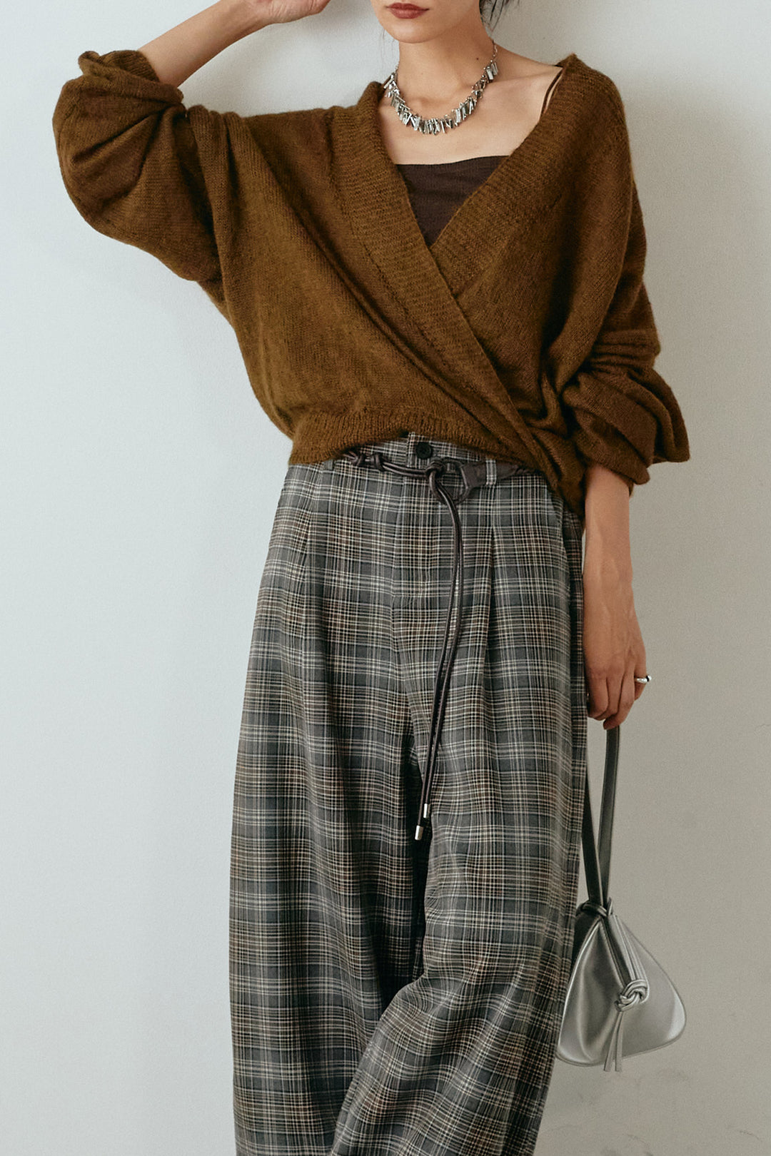 [SET]カシュクールデザインニット+編みベルト付きタータンチェックワイドパンツ(2set)