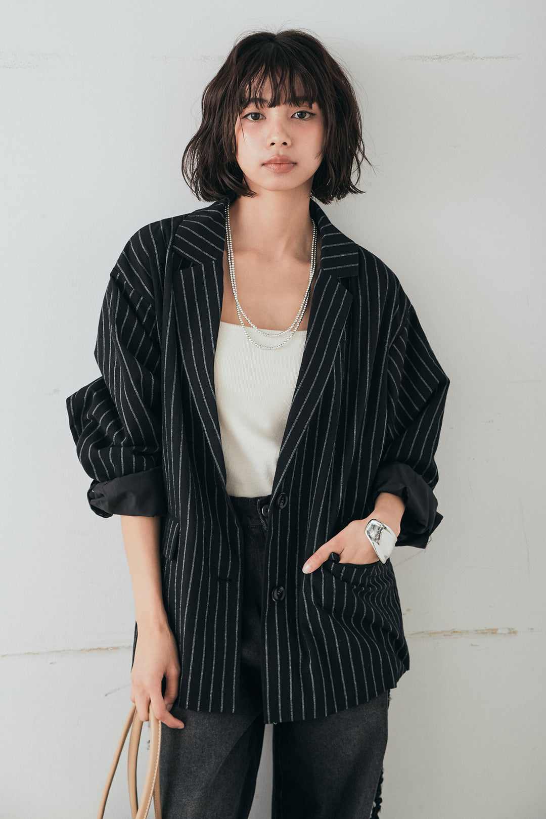 [SET]リネンライクストライプテーラードジャケット+デニムサイドフリルパンツ(2set)