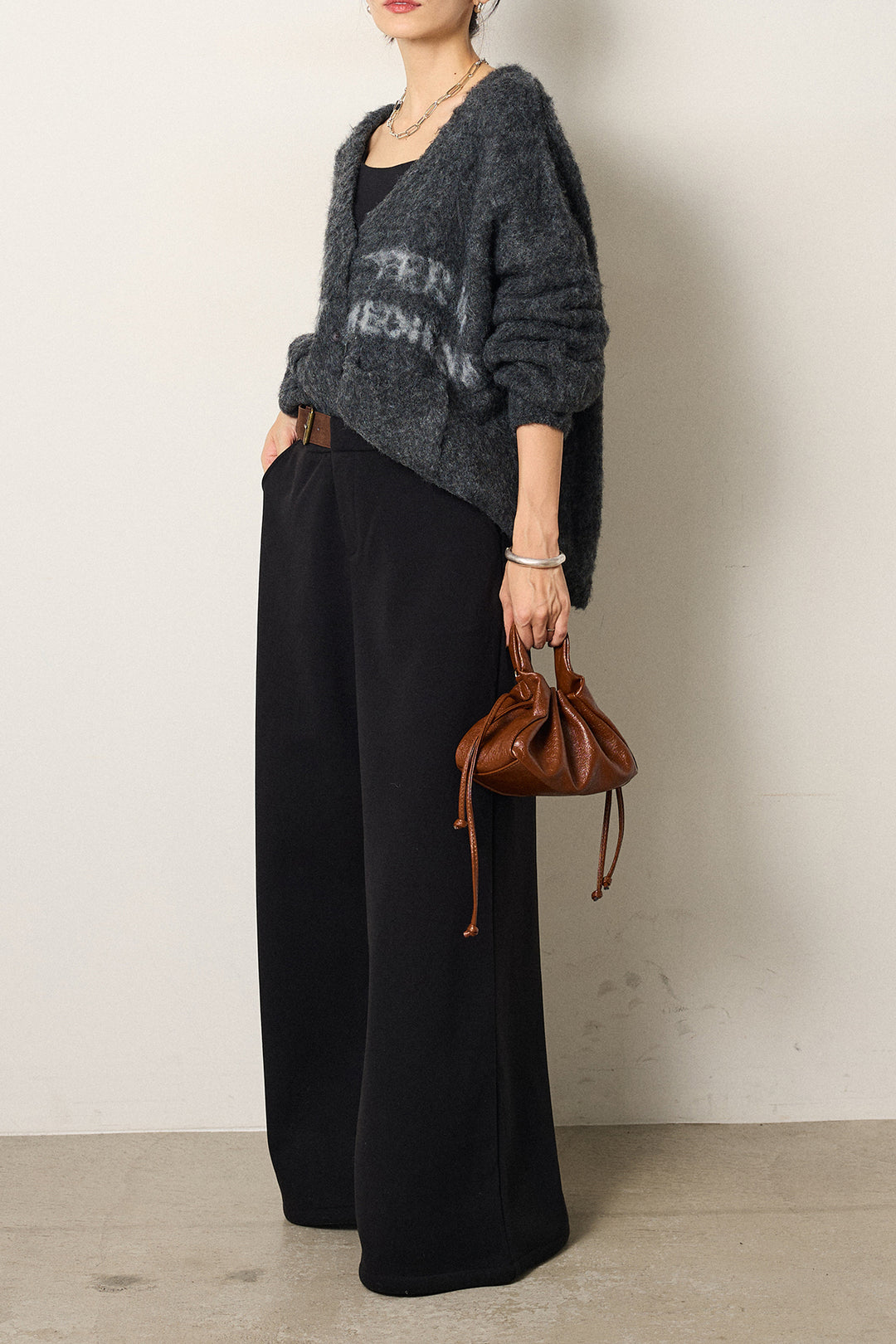 [SET]ウール混透かしロゴニットカーディガン+サイドベルトパンツ(2set)