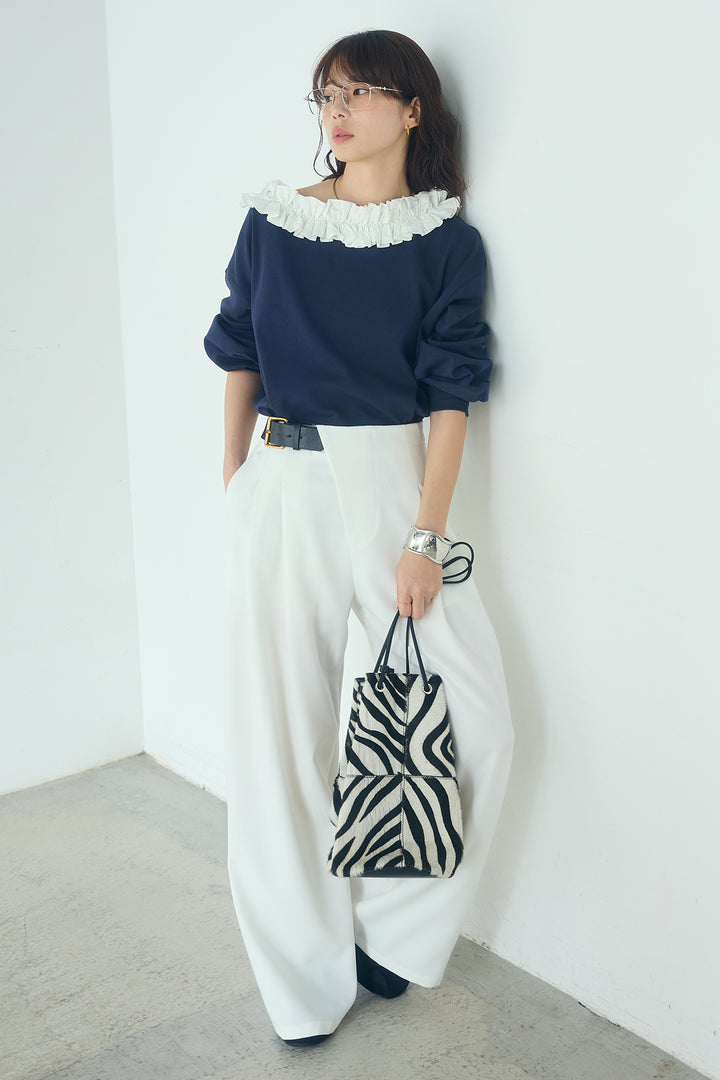 [SET]ネックギャザーフリルスウェット+サイドベルトタック入りスラックス(2set)