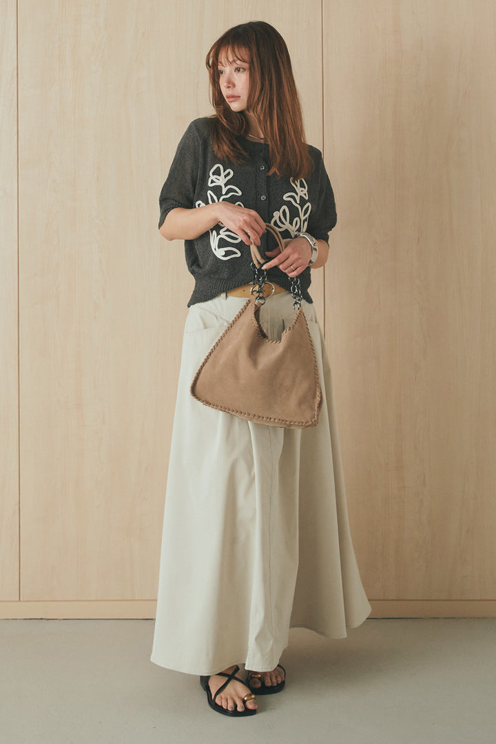 [SET]フロントテープデザイン半袖カーディガン+ミリタリーツイルタックフレアスカート(2set)