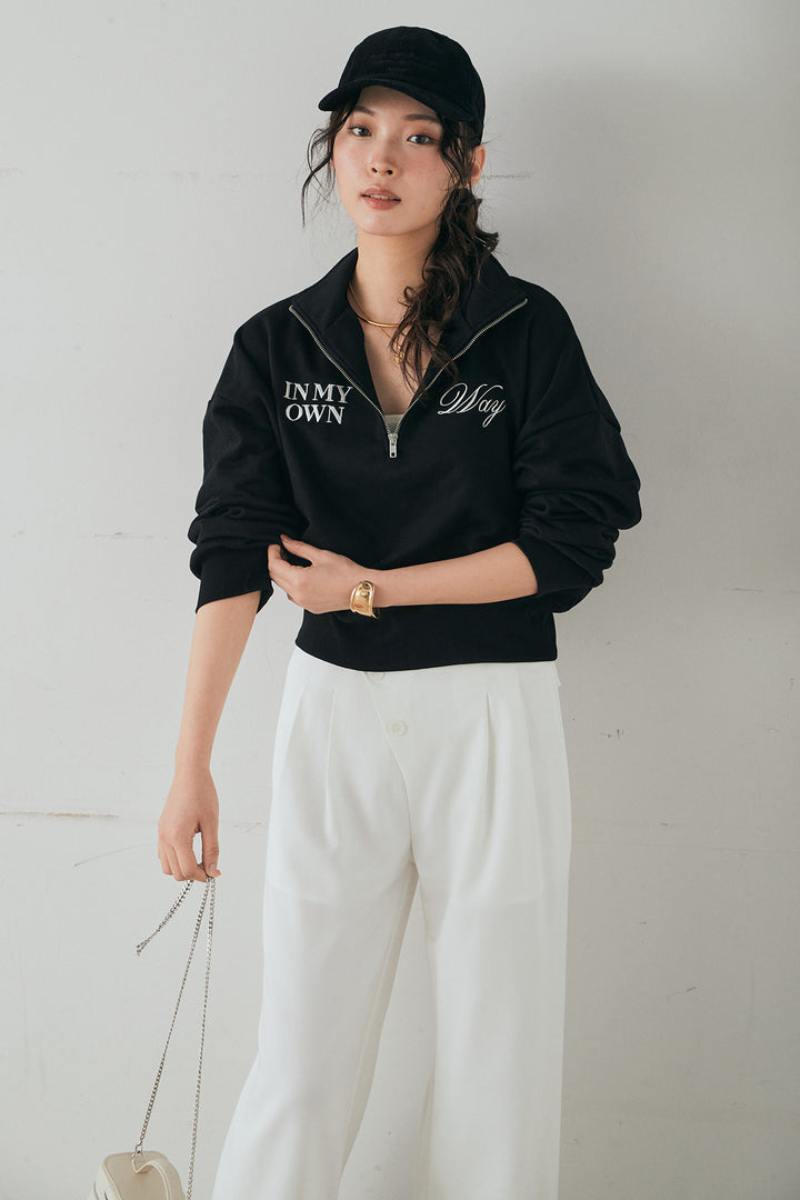 [SET]裏毛ロゴ刺繍ハーフZIPスウェット+斜めボタンタック入りスラックス(2set)