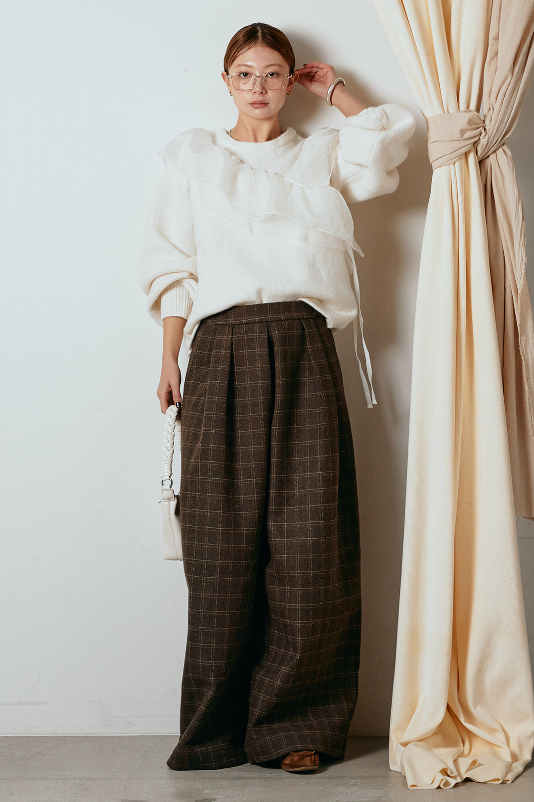 [SET]アシンメトリーフリルニットトップス+ウールライクチェックタックパンツ(2set)