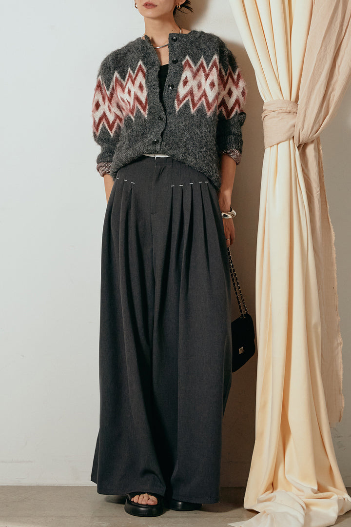 [SET]起毛ノルディック柄ニットカーディガン+ウエストステッチデザインワイドスラックス(2set)