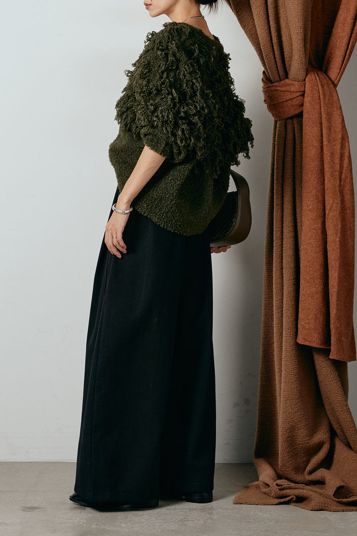 [SET]ループ編みVネックニットカーディガン+ポーチベルト付きカーブパンツ(2set)