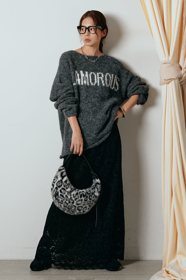 [SET]フロントロゴデザインニットトップス+花柄刺繍ベロアフレアスカート(2set)