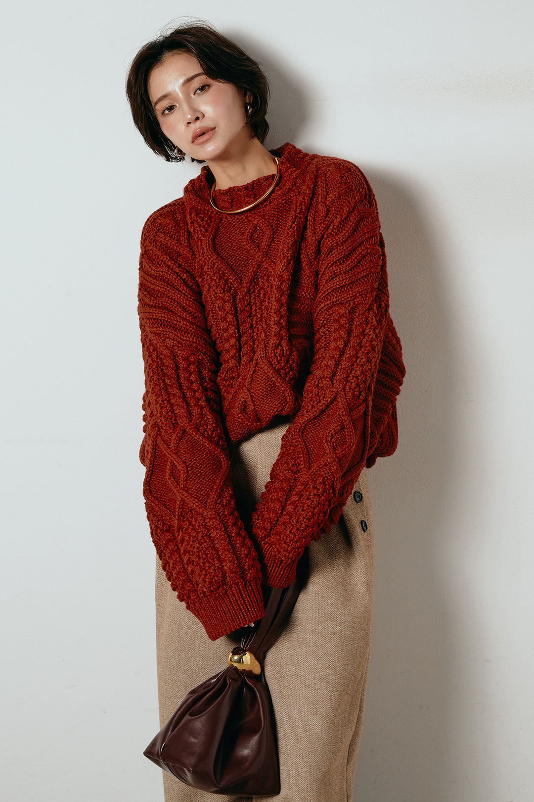 [SET]アラン柄ミックスケーブルニット+サイドボタンツイードタックパンツ(2set)