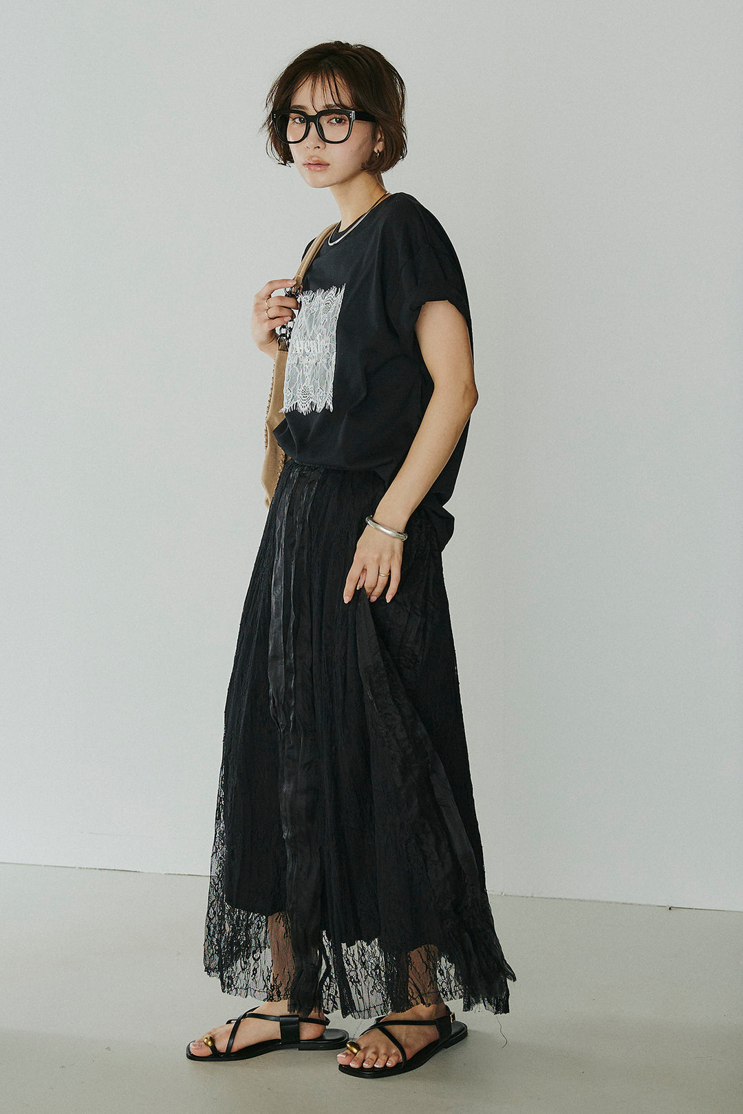 [SET]レースロゴ刺繍Tシャツ+レースコンビワッシャーギャザースカート(2set)