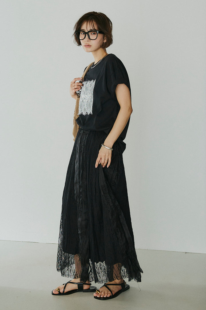 [SET]レースロゴ刺繍Tシャツ+レースコンビワッシャーギャザースカート(2set)