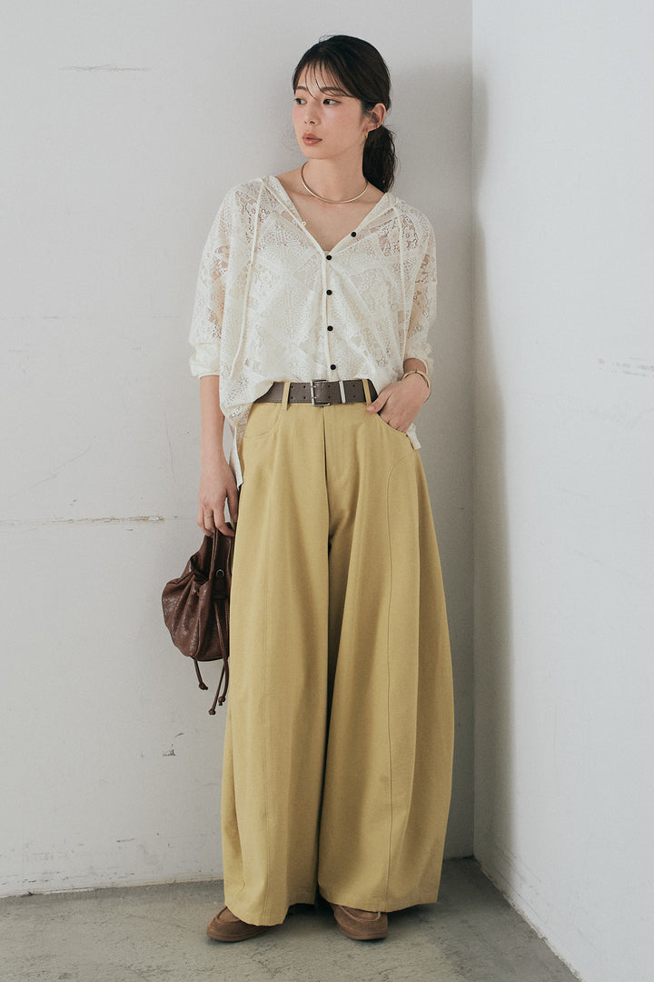 [SET]ブロックレースフード付きブラウス+ベルト付きサイドタックワイドパンツ(2set)