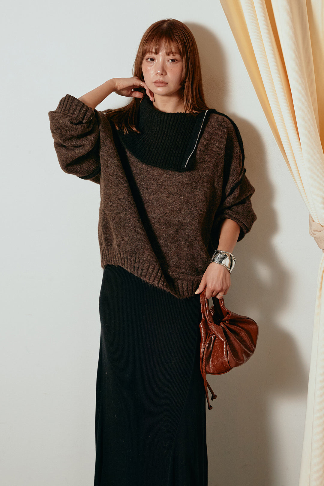 [SET]ハイネックジップデザインニットトップス+サイド切り替えリブニットロングスカート(2set)