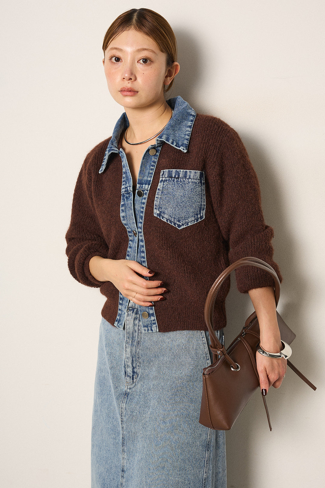 [SET]襟付きデニム切替ニットカーディガン+デニムロングフレアスカート(2set)