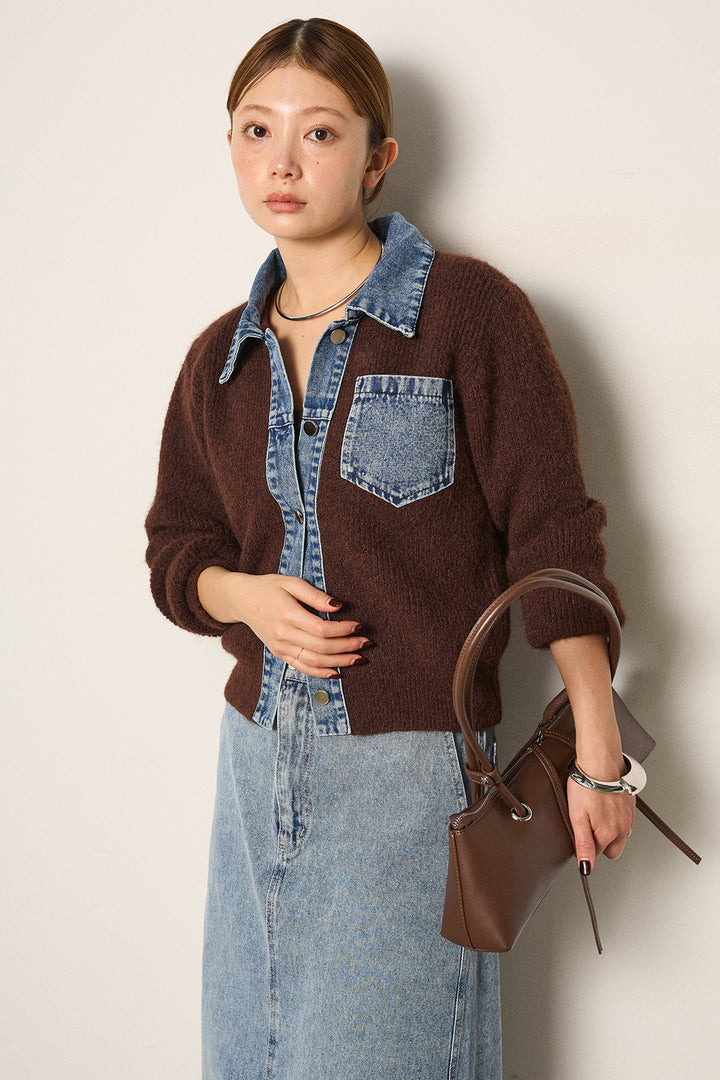 [SET]襟付きデニム切替ニットカーディガン+デニムロングフレアスカート(2set)