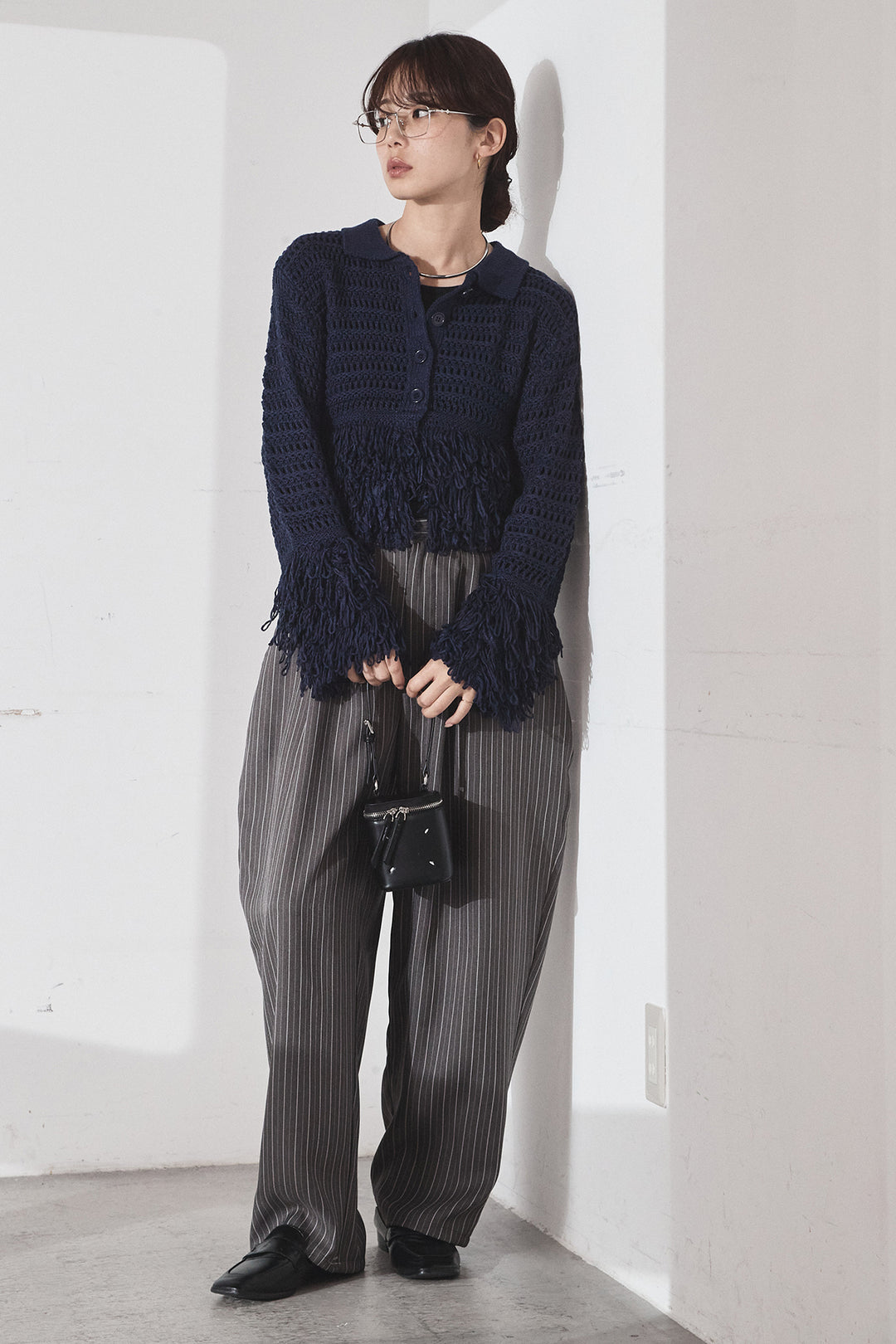 [SET]メッシュフリンジカーディガン+ヘリンボーンストライプツータックパンツ(2set)