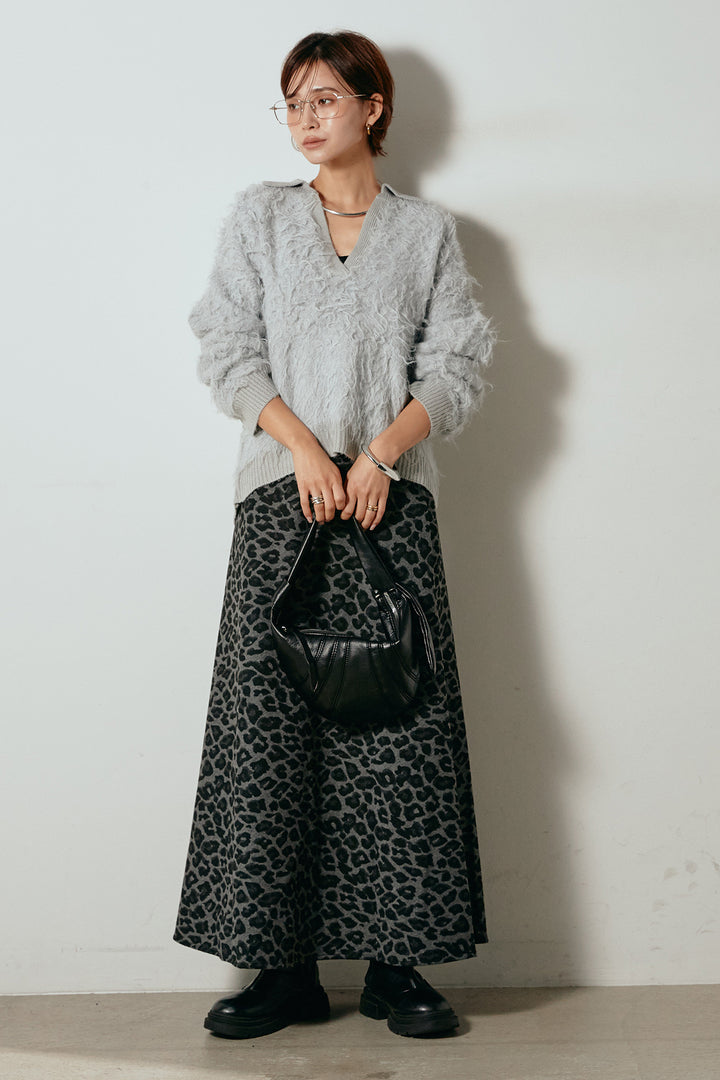 [SET]襟付きシャギーニットポロトップス+レオパードロングスカート(2set)