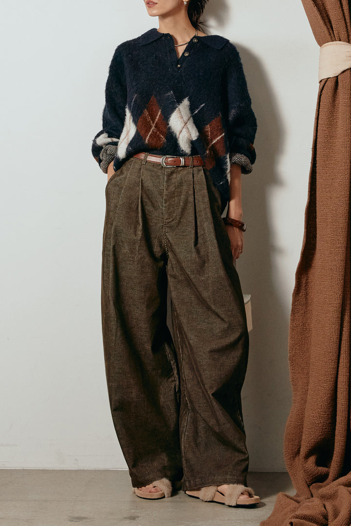 [SET]アーガイル柄ポロニットトップス+フロントタック入りコーデュロイパンツ(2set)