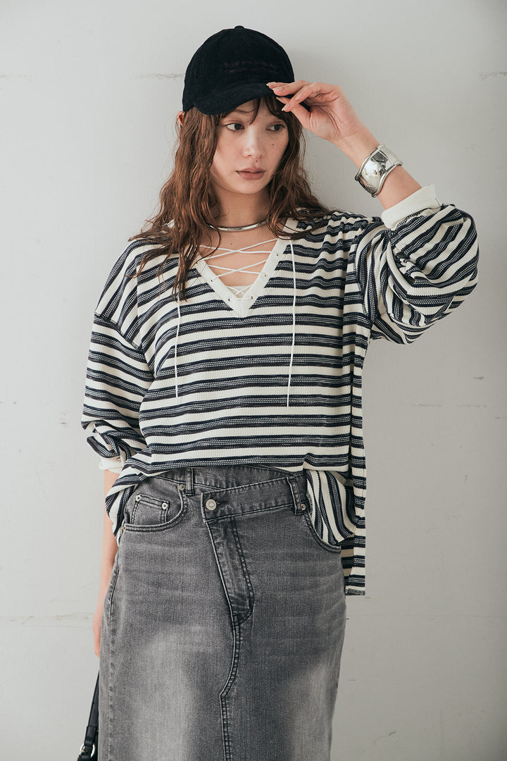 [SET]レースアップワッフルボーダートップス+ウエストクロスデニムタイトスカート(2set)