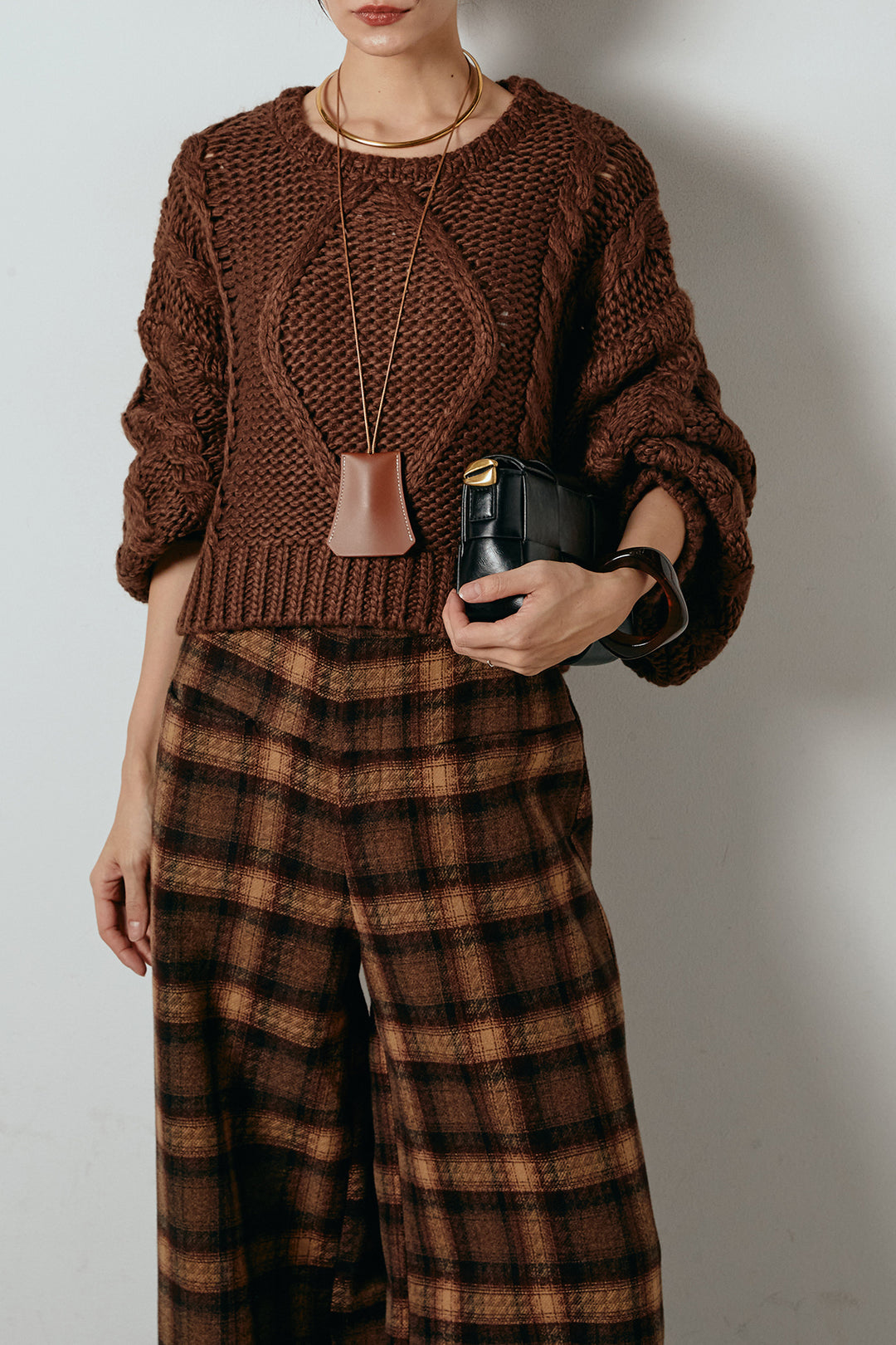 [SET]ロービングケーブルショート丈プルオーバー+ルーズタータンチェックワイドパンツ(2set)