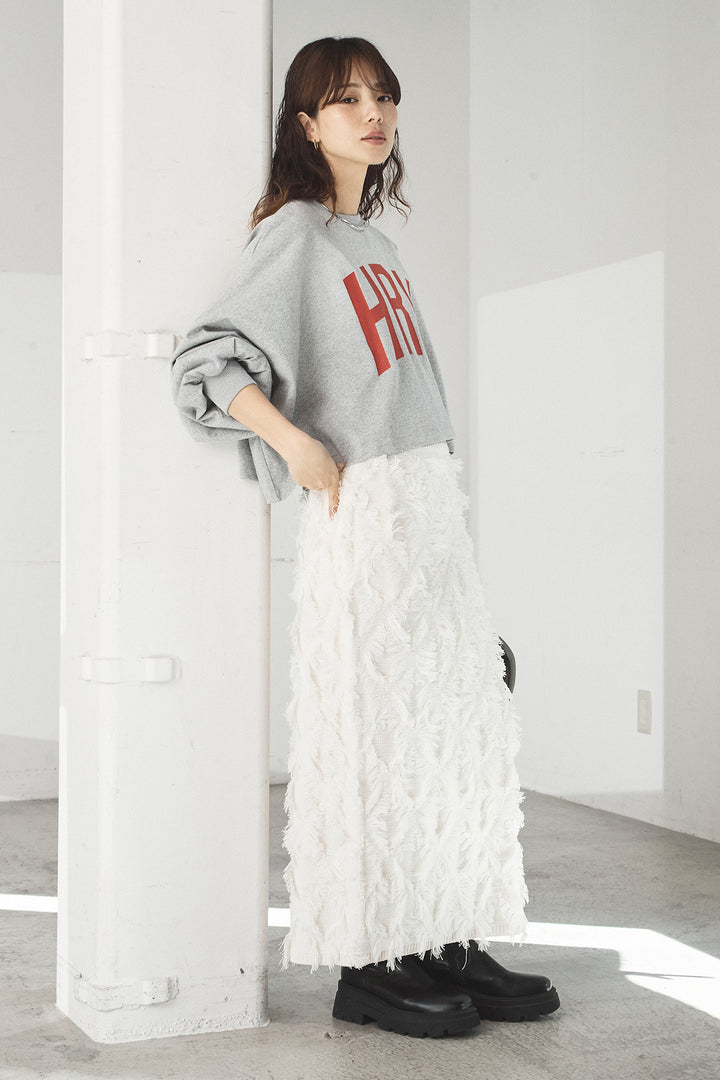 [SET]ビッグロゴHRU袖ボリュームトップス+カットフリンジニットタイトスカート(2set)