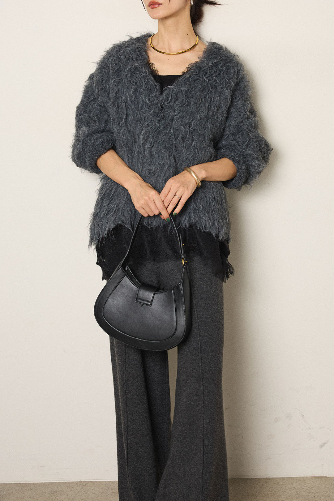 [SET]起毛シャギーニットカーディガン+レース切り替えキャミソール(2set)