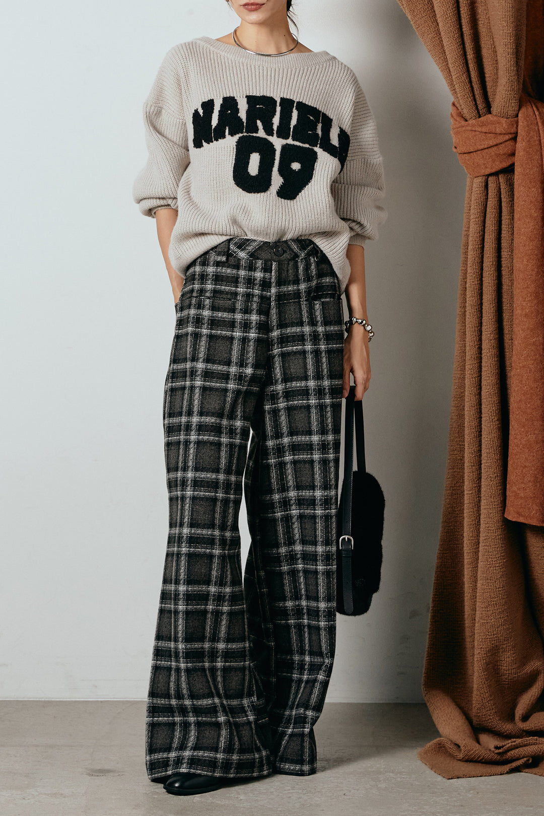 [SET]ロゴジャガードニットトップス+ルーズタータンチェックワイドパンツ(2set)