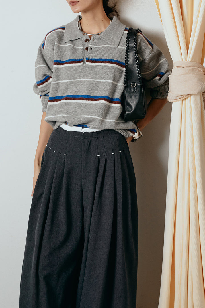 [SET]襟付きマルチボーダーニットポロトップス+ウエストステッチデザインワイドスラックス(2set)