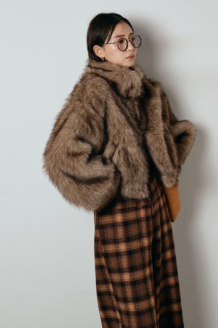 [SET]エコファーショート丈ブルゾン+ルーズタータンチェックワイドパンツ(2set)