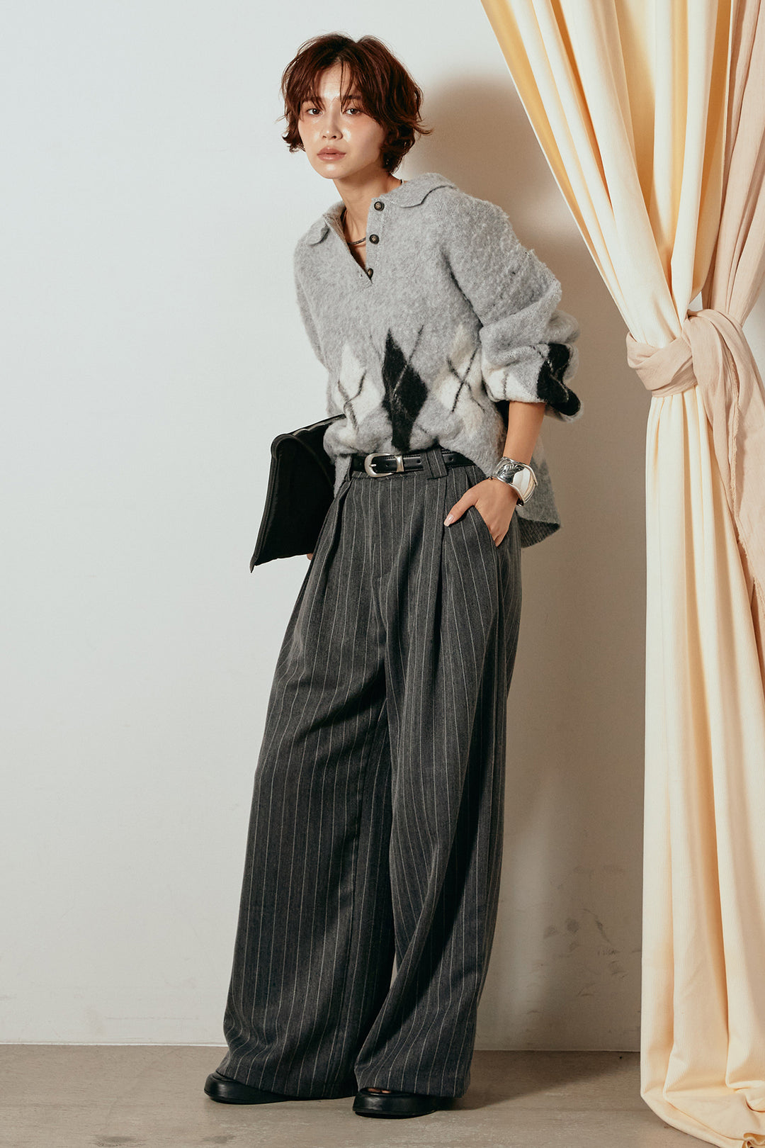 [SET]アーガイル柄ポロニットトップス+ストライプヘリンボーンパンツ(2set)