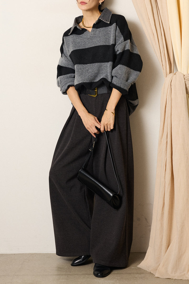 [SET]デニムカラーボーダールーズニット+ゴールドバックル太ベルト付きワイドパンツ(2set)