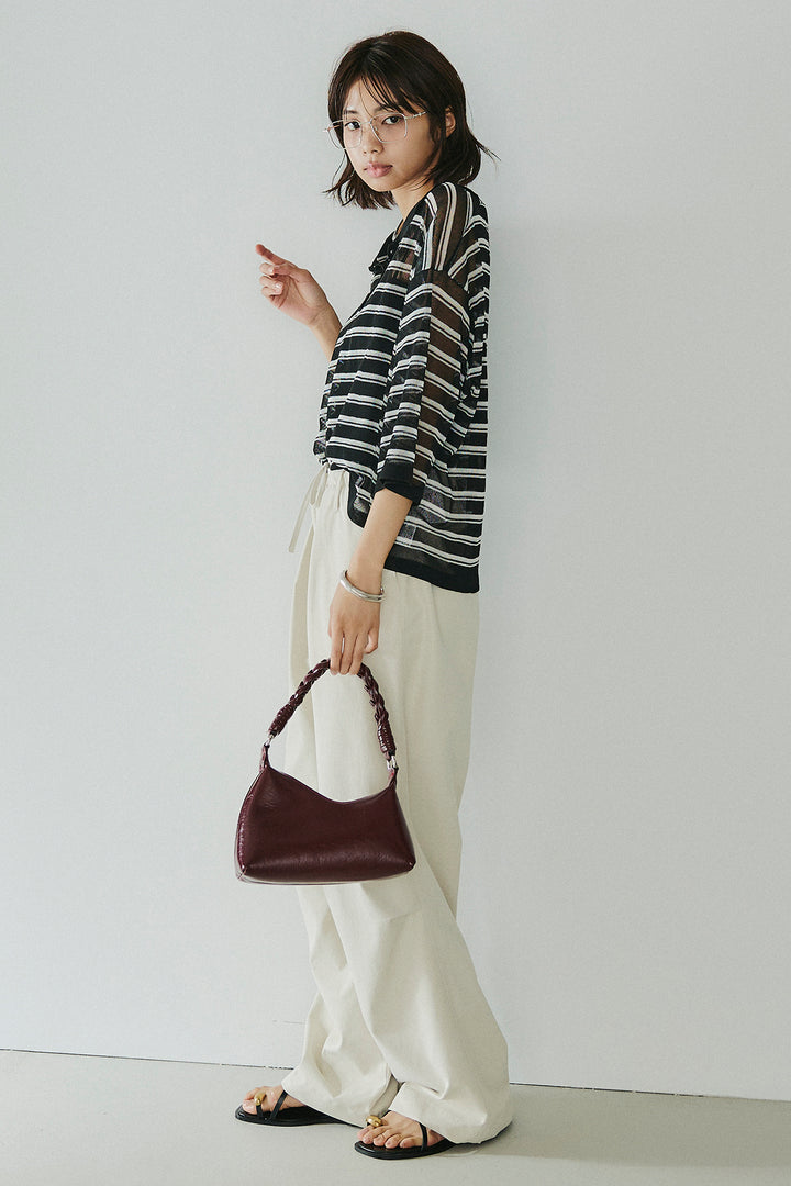 [SET]ボーダーニットポロシャツ+ニーサイドタックウエストドロスパンツ(2set)