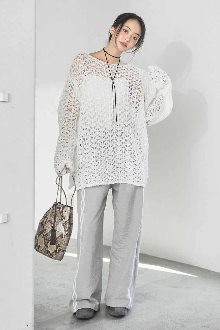 [SET]リラックスメッシュニットトップス+刺繡テープラインパンツ(2set)