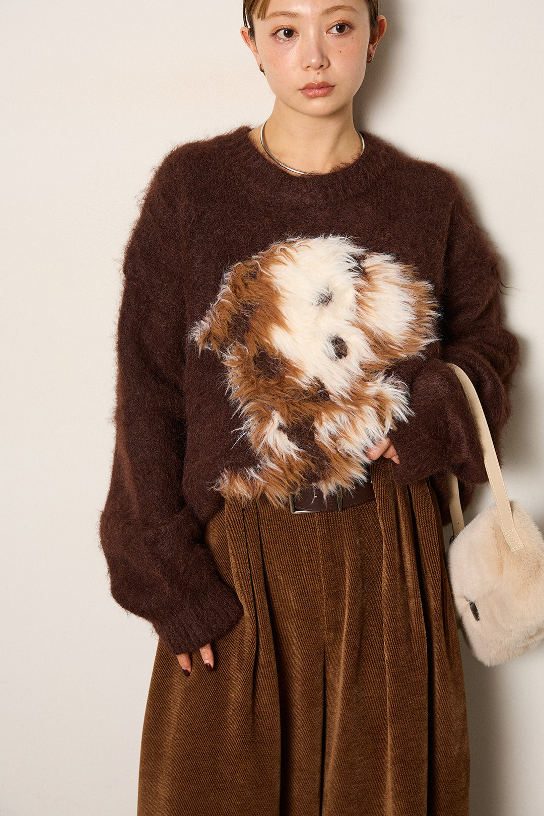 [SET]シャギーニュアンスアニマルニット+ベルトループコーデュロイワイドパンツ(2set)