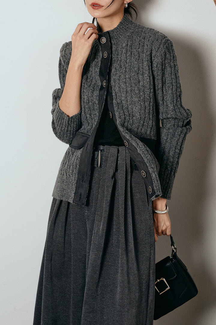 [SET]ボトルネックケーブルニットカーディガン+ベルトループコーデュロイワイドパンツ(2set)