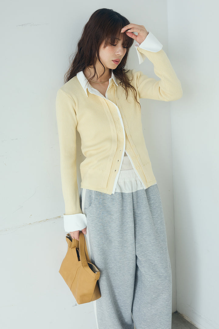 [SET]シャツドッキングボタンニットカーディガン+異素材切り替えスウェットパンツ(2set)