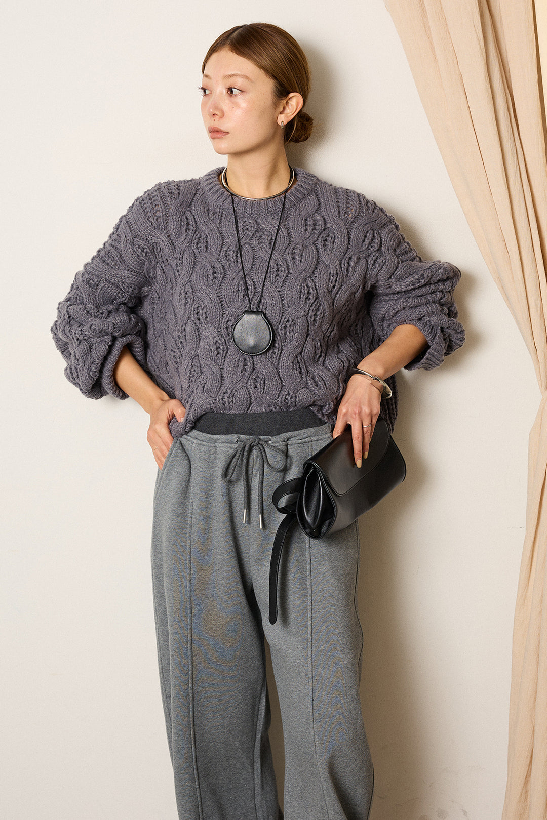 [SET]ケーブルリラックスショートニット+スウェットワイドカーブパンツ(2set)