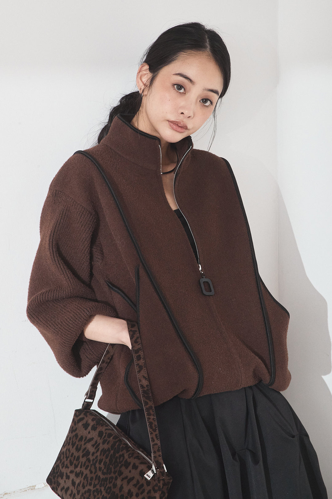 [SET]ハイネックパイピングデザインブルゾン+ランダムタックバルーンスカート(2set)