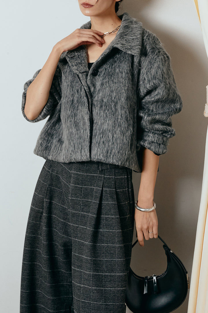 [SET]シャギーショートジャケット+スクエアチェック柄ワイドパンツ(2set)