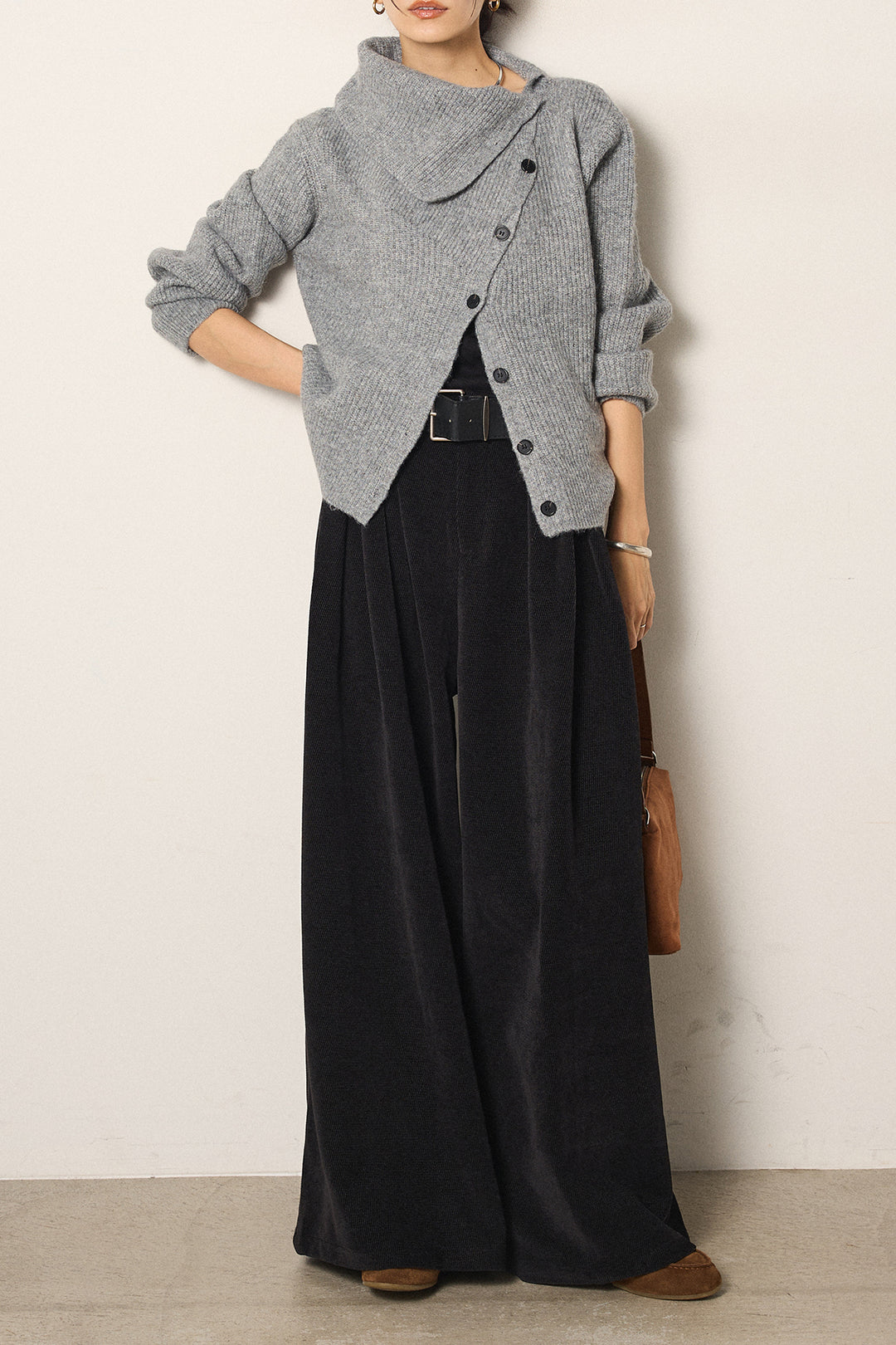 [SET]ボタンデザインネックニットプルオーバー+ベルトループコーデュロイワイドパンツ(2set)
