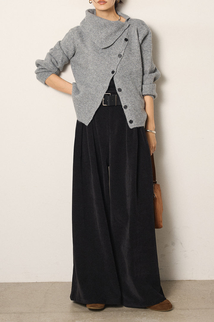 [SET]ボタンデザインネックニットプルオーバー+ベルトループコーデュロイワイドパンツ(2set)