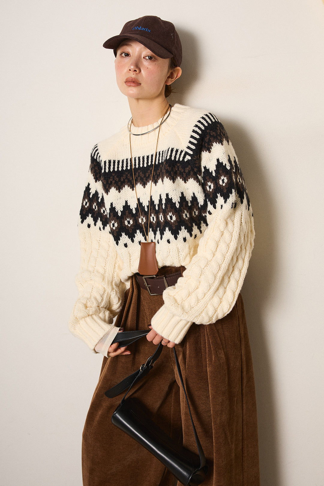 [SET]2WAY求心柄ジャガードショートカーディガン+ベルトループコーデュロイワイドパンツ+2WAY袖コード刺繍クルーネックプルオーバー(3set)