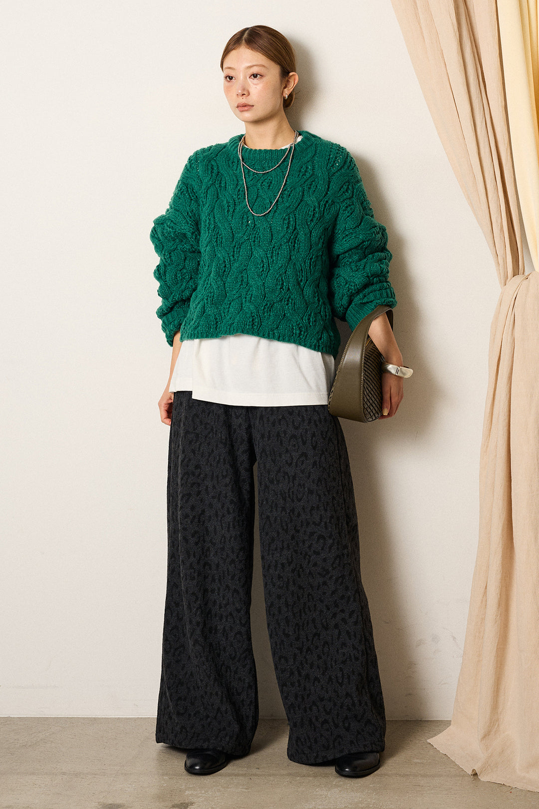 [SET]ケーブルリラックスショートニット+レオパードジャガードニットパンツ(2set)